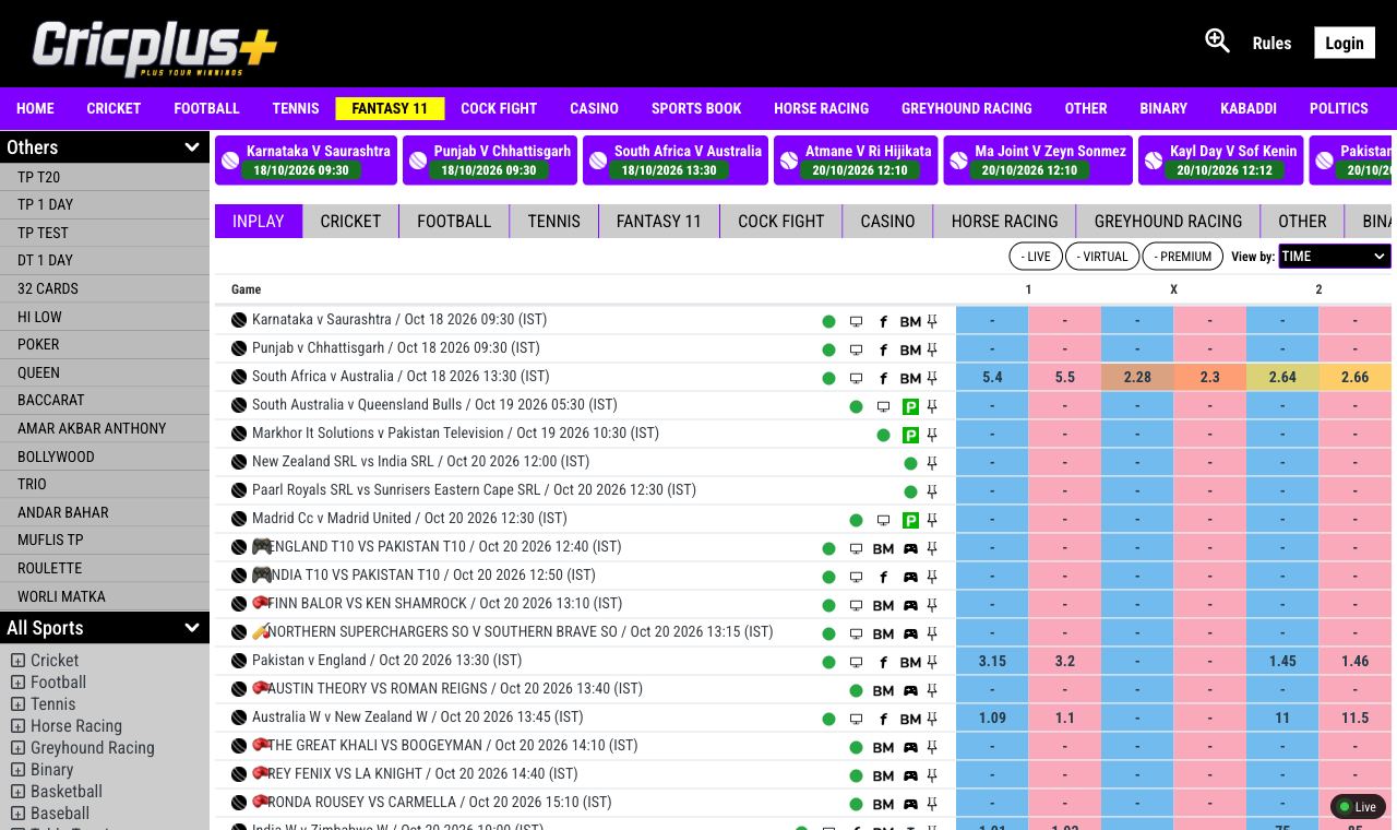 CricPlus.Support home page showing the address bar with "cricplus.support" and the live odds list