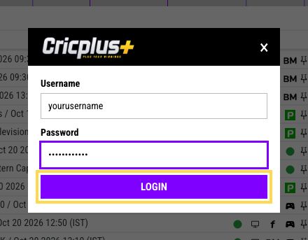 CricPlus.Support login window with the Username field filled in and details blurred